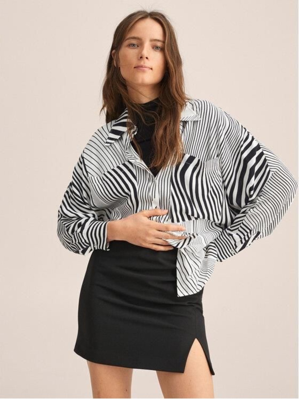 Mango Black White Abstract Stripe Button Up Blouse Shirt Oversized S NWT